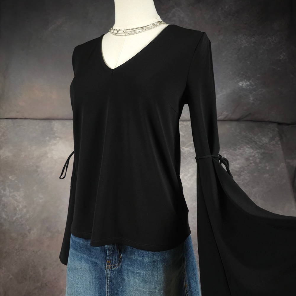 NWT Express Top XS Black Split Bell Sleeve Tie Cuff V-Neck Dramatic Goth